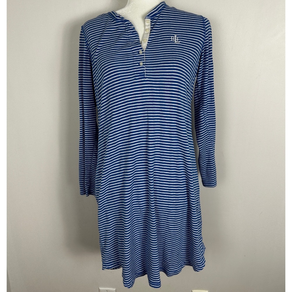 Ralph Lauren Blue Striped Henley Sleep Dress Womens Size Medium Preppy Nightgown